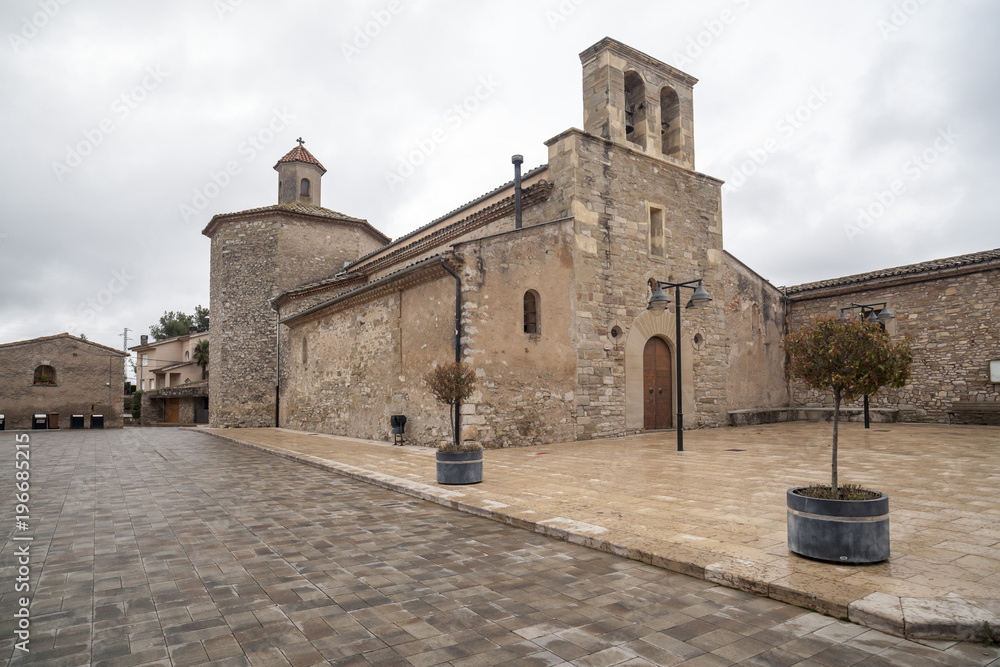  Village view, ancient church, baroque style in village of Calders, Moianes region comarca, province Barcelona, Catalonia.