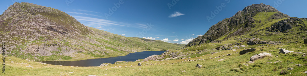 A panoramic view of the Pen Yr Ole Wen, Tryfan and the Ogwen valley on the climb up to Cwm Idwal.