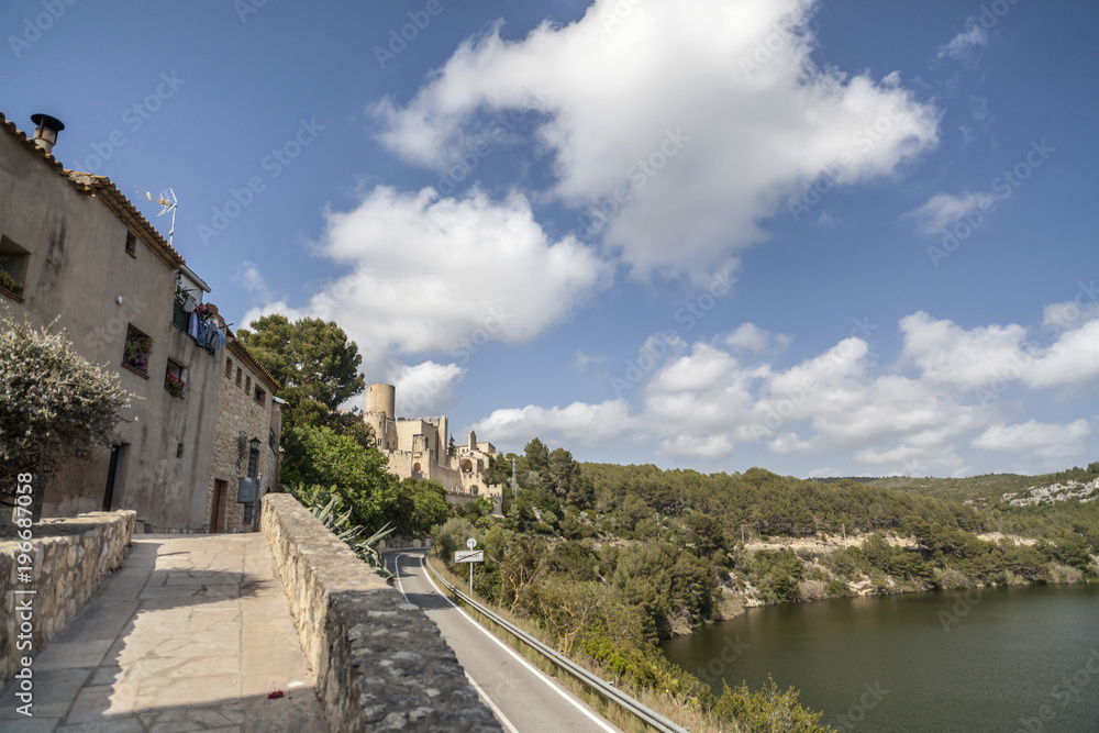 Village view and Foix swamp, Castellet, Castellet i la Gornal,Penedes region,Catalonia.