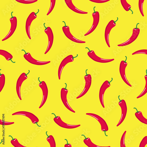 Seamless pattern with red hot chile peppers on yellow background. Vector illustration of chili peppers.