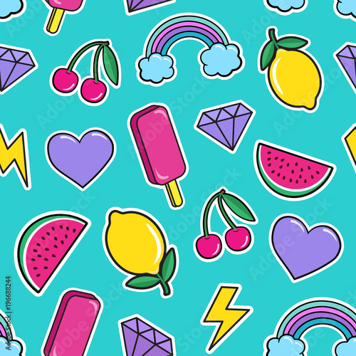 Cute seamless pattern with colorful patches. Stickers of ice cream, cherry, watermelon, rainbow lemon diamonds etc on mint green background. Fashion cool patches and stickers. Vector illustration.