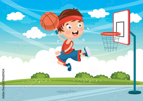 Vector Illustration Of Kid Playing Basketball