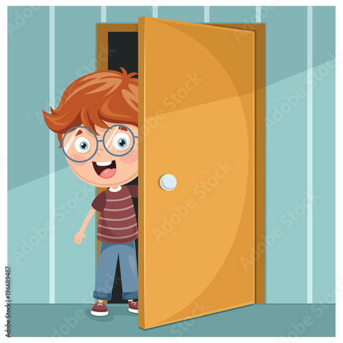 Vector Illustration Of Kid Opening The Door