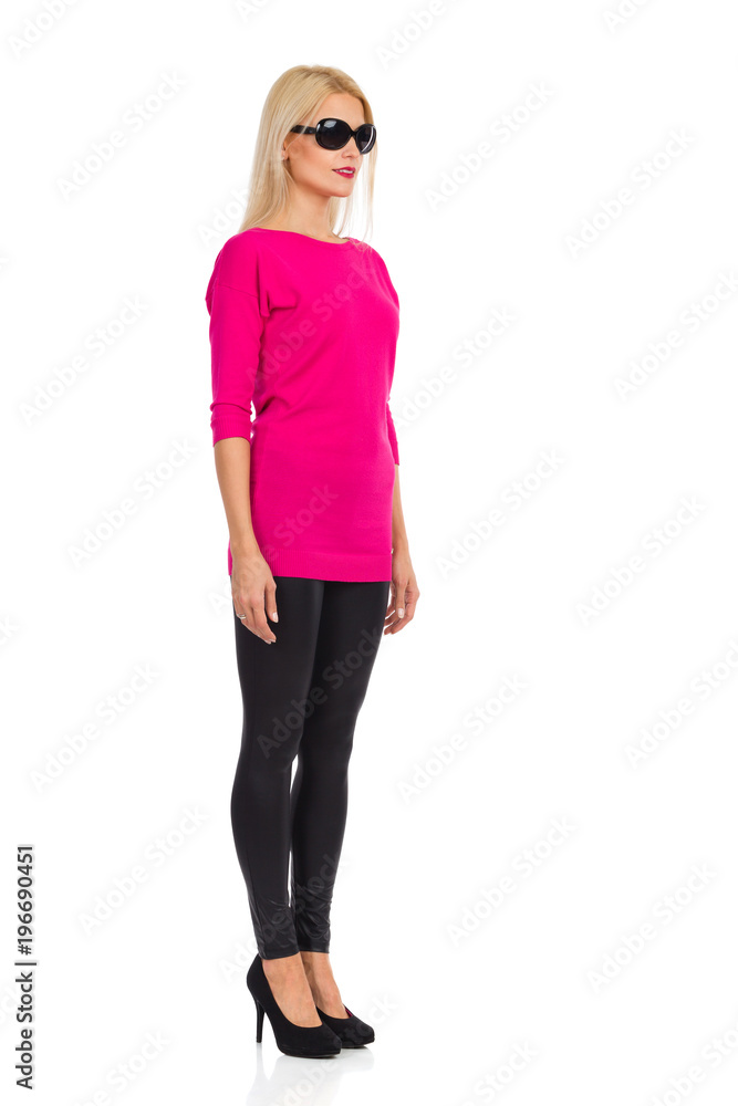 Beautiful Blond Woman Standing At Attention. Front Side View. Beautiful Blond Woman Standing At Attention. Front Side View.