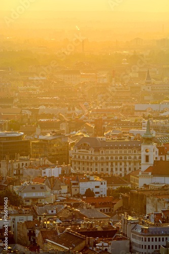 Photography Budapest city, Pest side view in yellow haze