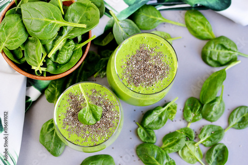 Green spinach smoothies with chia seeds, healthy food concept, detox