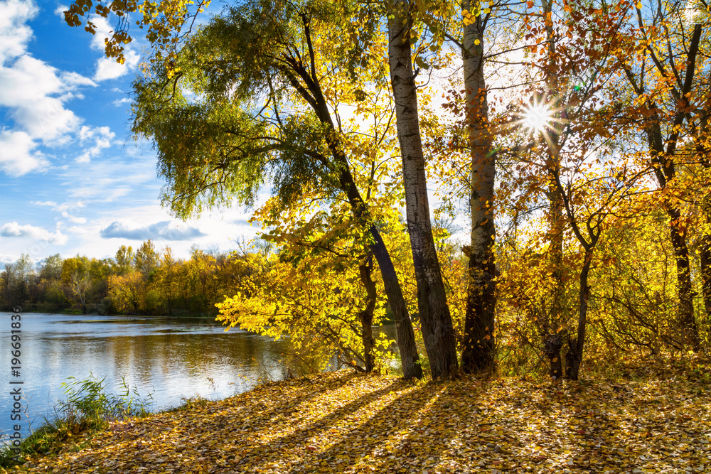 Fototapeta premium Beautiful autumn landscape - View from the river bank of the Siverskyi Donets, north-east of Ukraine