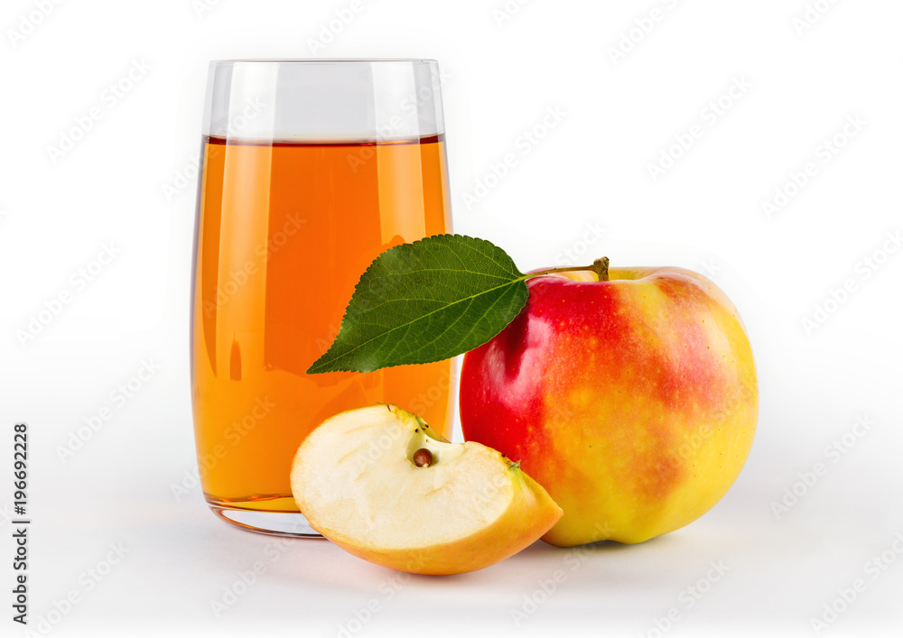 Fresh organic apple juice in glass with raw materials from whole and sliced fruits, close-up, isolated on white background. Fresh organic apple juice in glass with raw materials from whole and sliced fruits, close-up, isolated on white background.