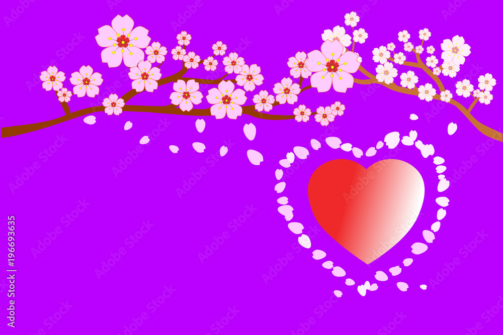 Full bloom cherry blossoms and petals blowing/flying around red heart shape, purple background. Beautiful pink Sakura flowers on brown branches with copy-space for add text. Vector illustration, EPS10