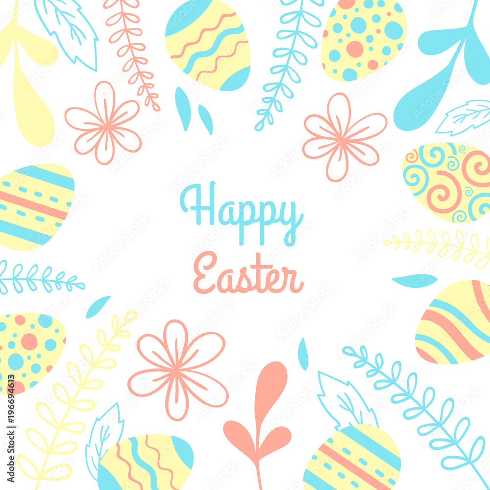 Easter vector card. Illustration frame with eggs and flowers