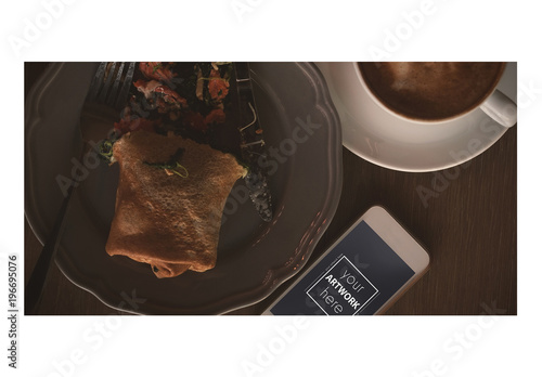 Smartphone with Plate of Food and Coffee Mockup 1