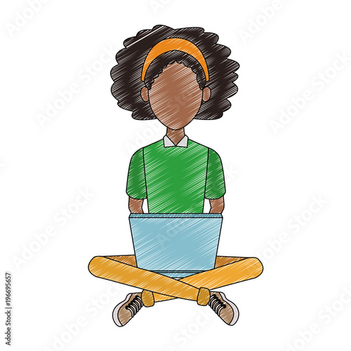 Young woman seated using laptop vector illustration graphic design