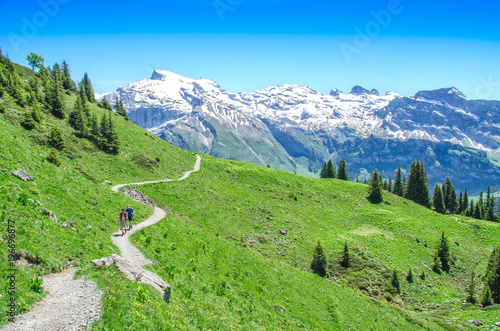 Swiss alps in the summer season. Trekking in the mountainous Alpine countryside, walking tour. Resort Engelberg, Switzerland