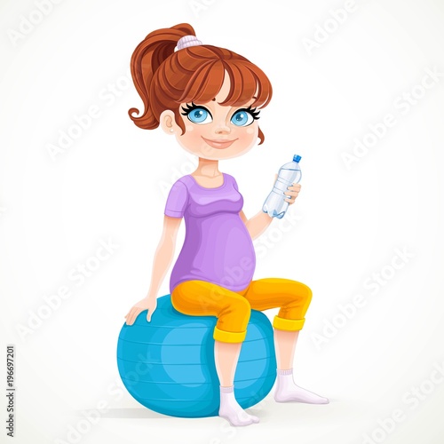 Cute pregnant woman sitting on blue fitball holding water in bottle isolated on a white background