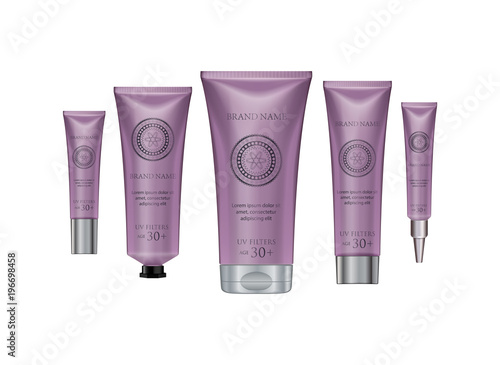 Luxury Cosmetic Product Design Advertising Template for Ads Background. Purple Tube Set, Silver Cup and Modern Circle Graphic. 3d Realistic Skin Care Bb Cream