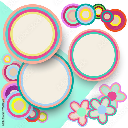 three rounds retro style colorful frame vector white background with summer flower decoration