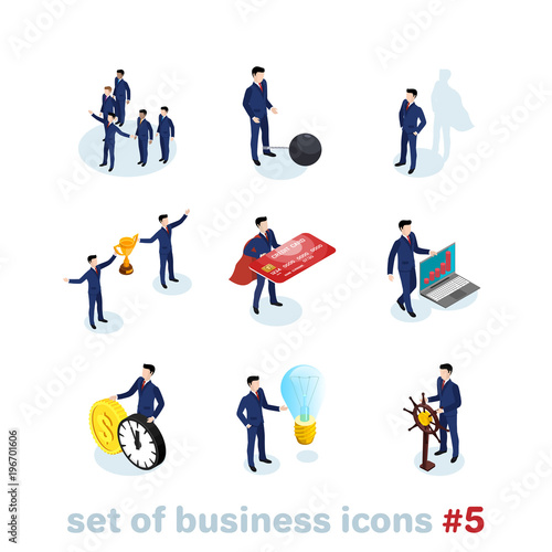 business and finance icons on white background, men in business suits in different situations, isometric image