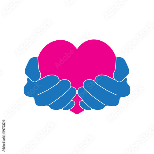 Hands holding pink heart with love and care icon logo vector graphic design