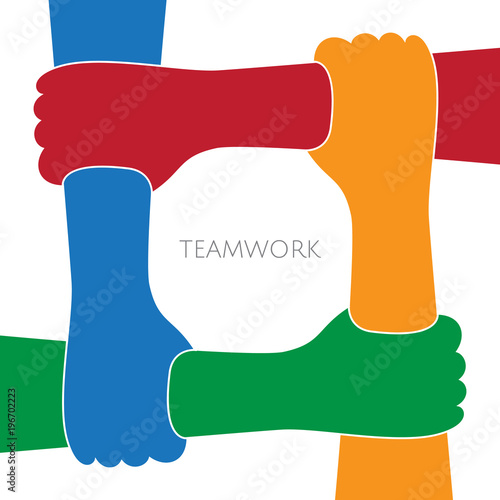 Four hands holding together on white background