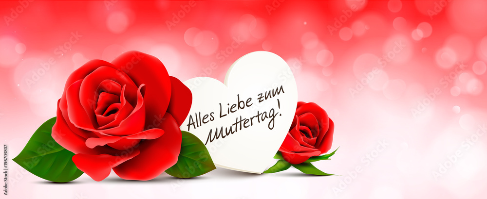 Muttertag Grußkarte Banner - Rosen mit Herz Schild, Bokeh Hintergrund und Handschrift