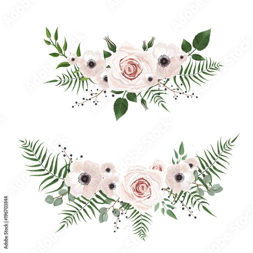 Vector designer elements set collection of green forest leaves, and flowers in watercolor style. photo