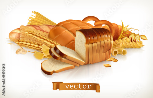 Carbohydrates. Bread, pasta, wheat, cereals. 3d vector illustration