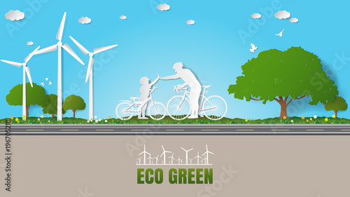Paper folding art origami style vector illustration. Green renewable energy ecology technology power saving environmentally friendly love concepts. Father and son join hands while cycling in parks.