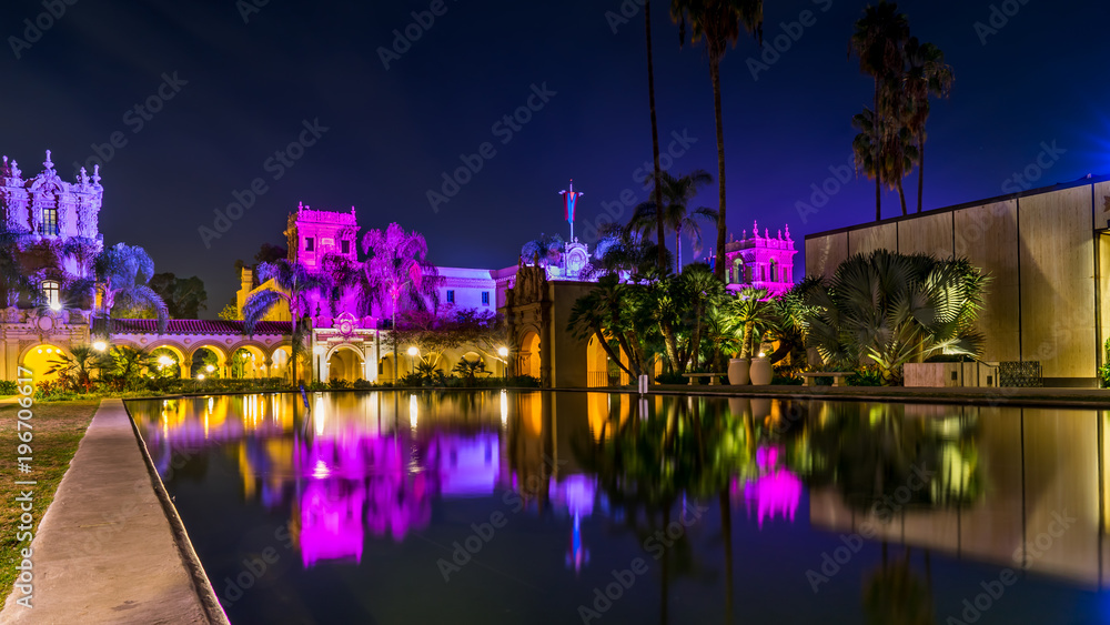 Balboa Park, San Diego, California. Long exposure of Lily Pond, Balboa Park Visitors Center in the background.