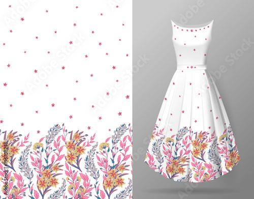 Cute pattern in small flowers and herbs. Seamless vertical background. An example of the pattern of the dress mock up. Vector illustration. Delicate colors plants on white background