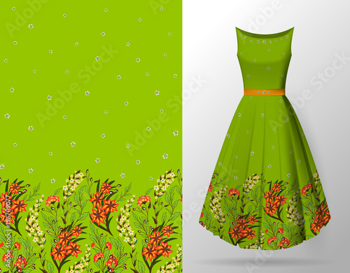 Seamless hand-drawn floral pattern with lots of plants and flowers. Vector seamless pattern on summer dress mock up. Orange on bright green.