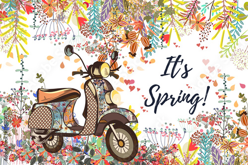 Beautiful spring vector illustration with flowers and bike