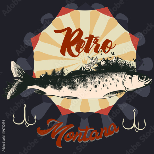 Fishing in Montana hand drawn poster with fish
