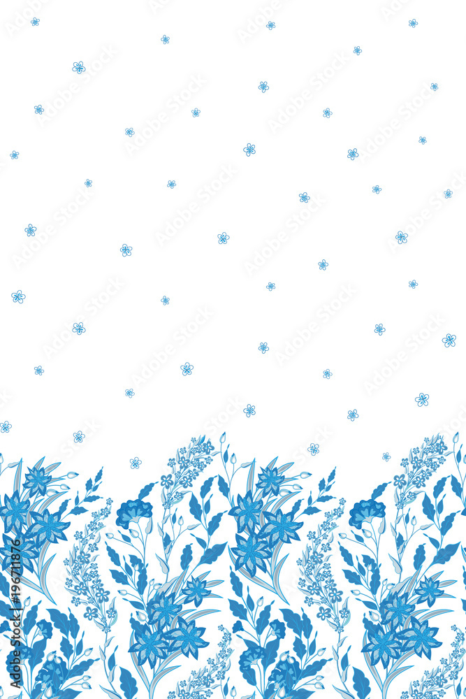 Obraz premium Hand drawn vector seamless border of wild flowers, herbs and berries.Thin delicate lines of different plants - shepherds purse, clover, dill, mint, chamomile. Herbal graphic illustration or background