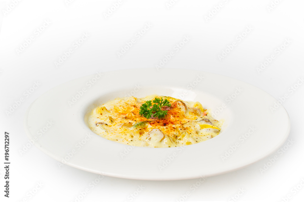 spaghetti carbonara white cream sauce on white background