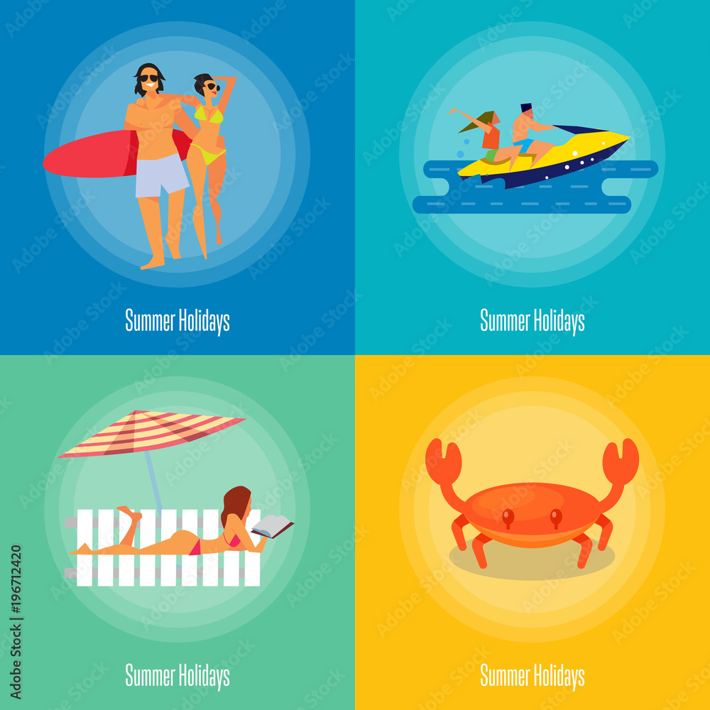 Fototapeta premium Summer holidays vector illustration. Young happy couple walking on beach. Couple on jet ski. Sexy girl sunbathes on beach under the sun. Sea crab on beach. Concept of holiday at sea. Summer time