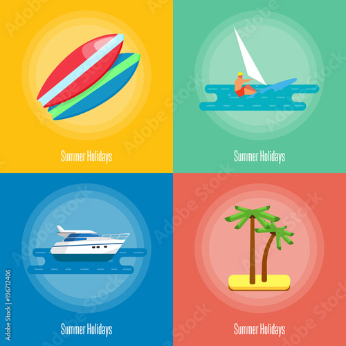 Summer holidays vector illustration. Colorful surfboards on beach. Seascape with speedboat, tropical island and palm trees. Surfer riding on waves. Concept of holiday at sea. Outdoor leisure