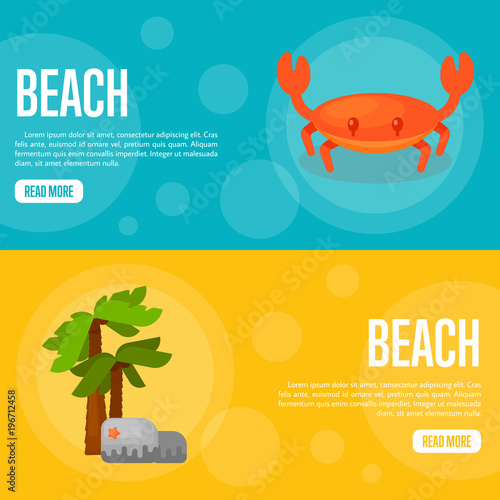 Beach vector illustration. Red sea crab with raised claws on blue background. Palm trees and stones on yellow background. Summer vacation. Website template. Flat design banner
