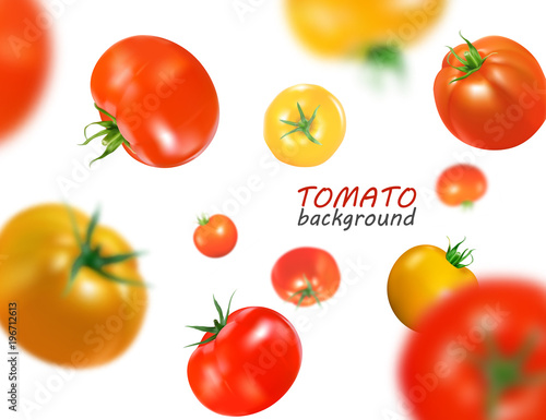 Fresh red and yellow tomatoes flying background. Quality vector realistic illustration.