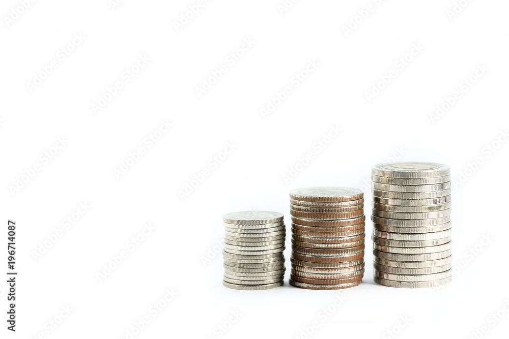 The silver coins paste is in line as a discipline on white background The silver coins paste is in line as a discipline on white background
