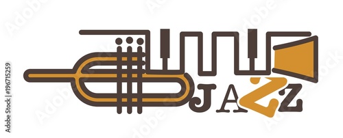 Jazz promotional emblem with abstract golden pipe and keys