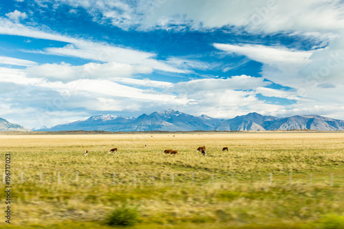 Vast plains on a partially cloudy day in Patagonia, Argentina. Motion blur applied