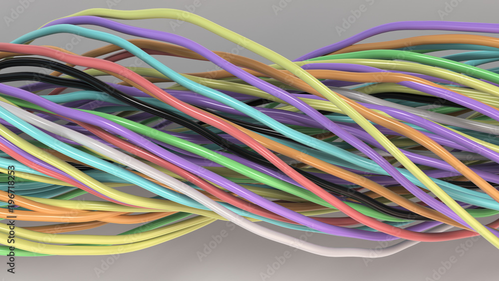 Twisted multicolored cables and wires on white surface Twisted multicolored cables and wires on white surface