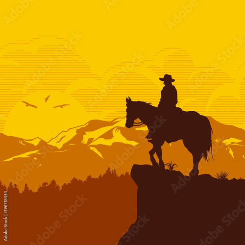 Silhouette of lonesome cowboy riding horse at sunset, Vector Illustration
