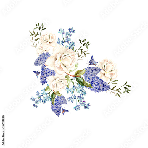 A beautiful watercolor bouquet with roses and lilac flowers.