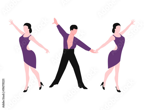 Couples dancing latin american romantic person and people dance man with woman ballroom entertainment together tango pose beauty vector illustration.