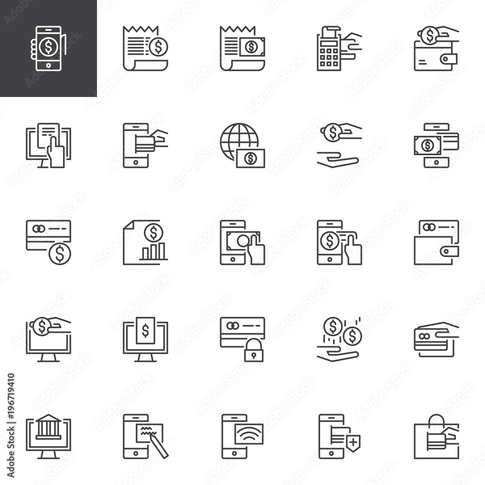 Payment methods outline icons set. linear style symbols collection, line signs pack. vector graphics. Set includes icons as profits, wallet, money, banking, transaction, credit card, shopping