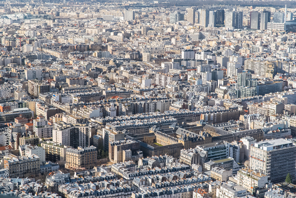 Paris, aerial view, buildings and roofs, France
