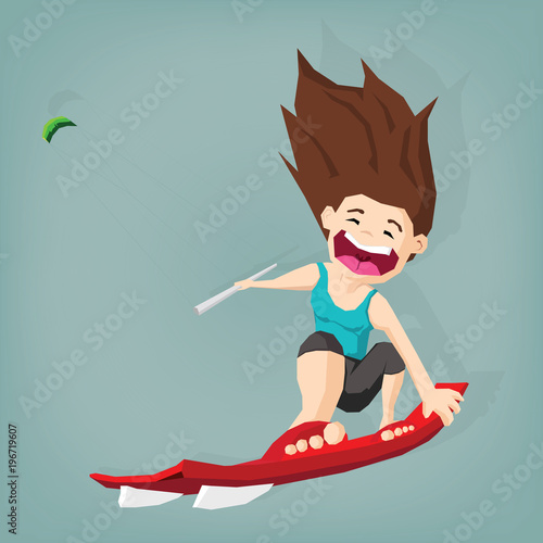 Sport woman drive kite surfing with air kite in tropical sea summer