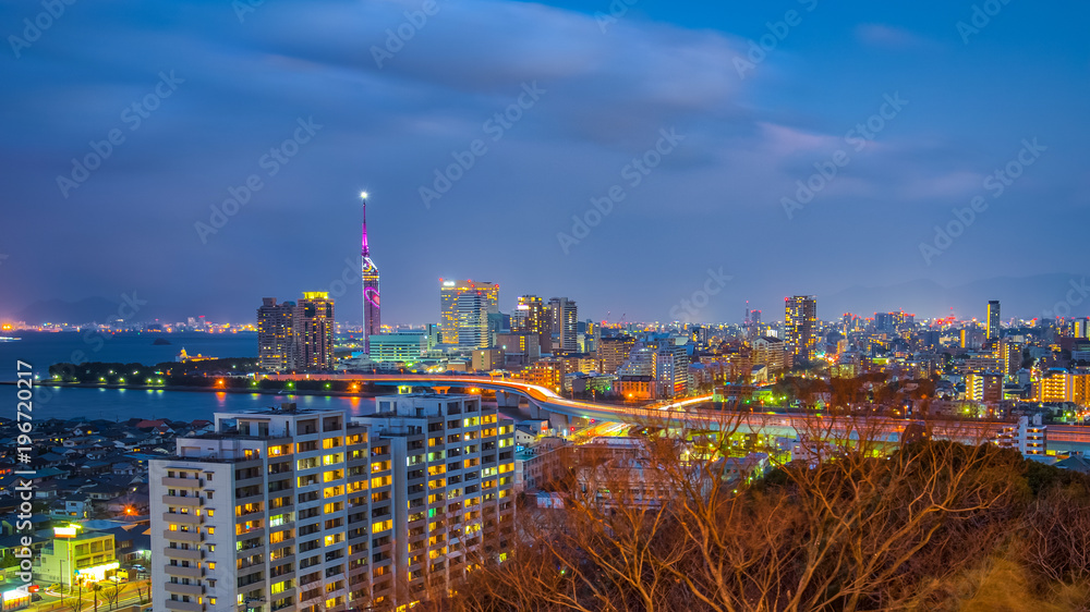 Naklejka premium Fukuoka city skyline in Hakata, Fukuoka, Japan