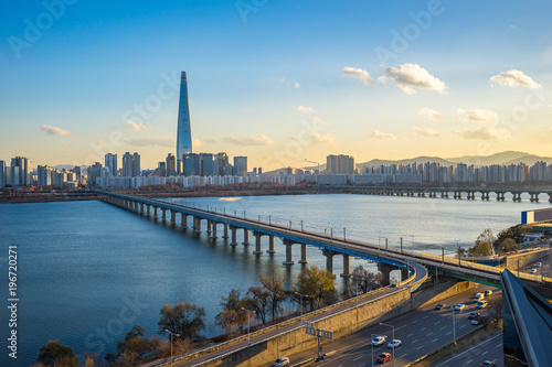 Seoul city skyline with view of Han River in Seoul, South Korea